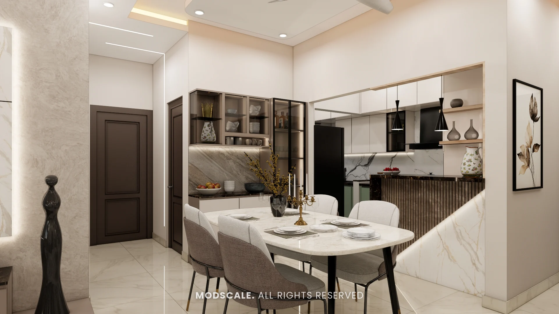 Dining table beside the breakfast counter with crockery unit behind, Mohit’s home interior at Keya Around The Life, Krishnarajapuram, Bengaluru