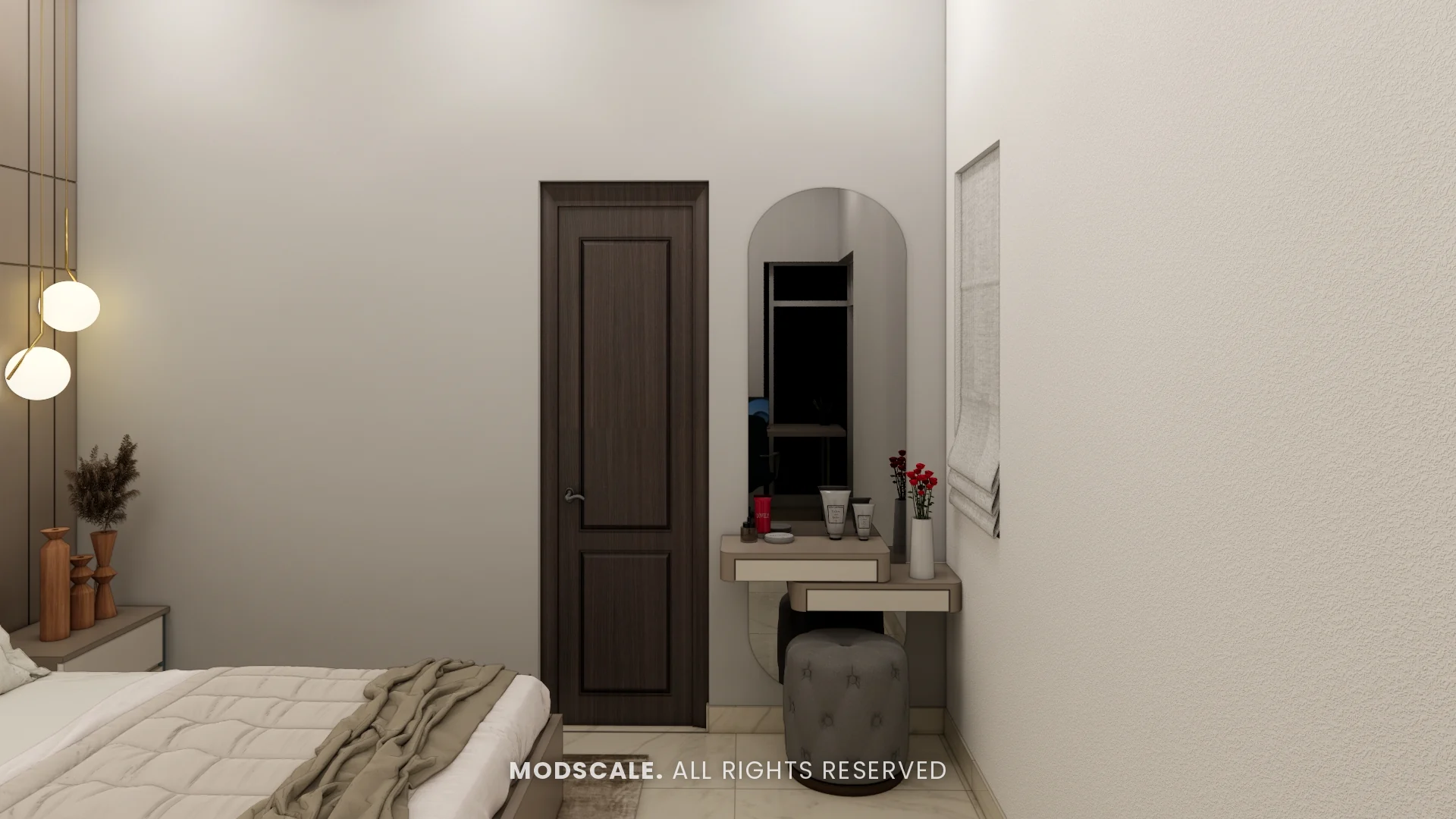 Floating dresser with arched mirror beside the bedroom door, Mohit’s home interior at Keya Around The Life, Krishnarajapuram, Bengaluru