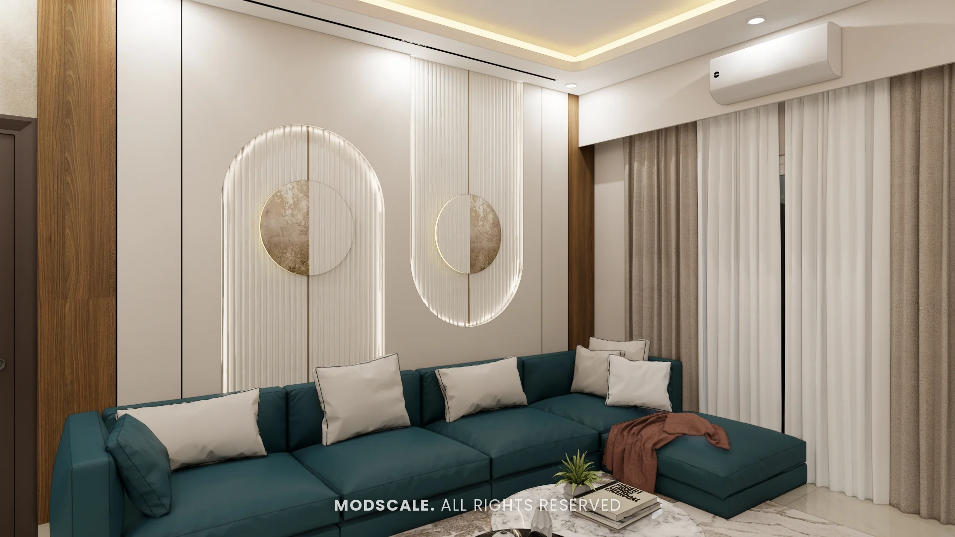 Backlit fluted arch panels with stone-finish discs behind the teal sofa, Mohit’s home interior at Keya Around The Life, Krishnarajapuram, Bengaluru