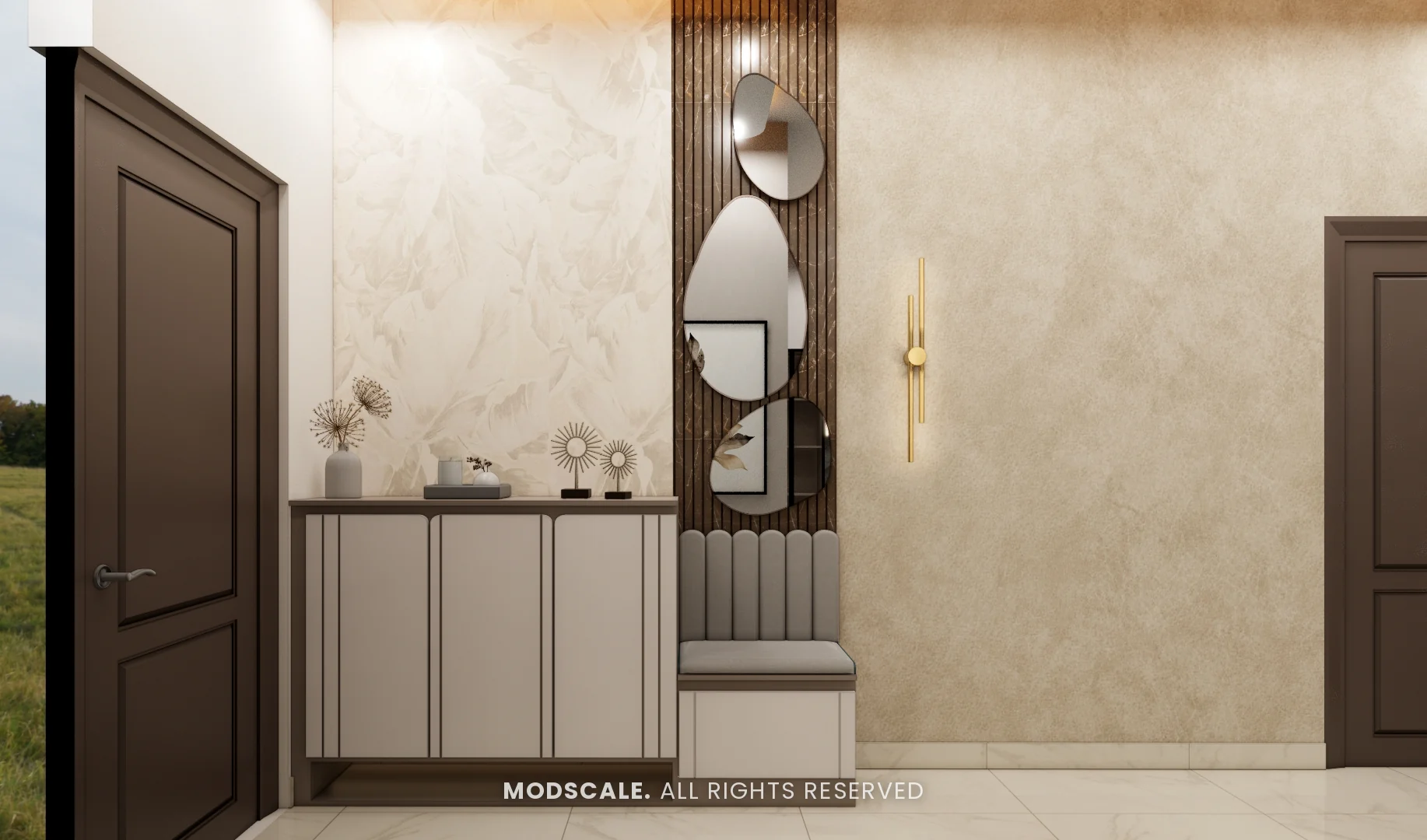 Foyer shoe unit with seat, organic-shaped mirrors on a slat panel and brass wall light, Mohit’s home interior at Keya Around The Life, Krishnarajapuram, Bengaluru
