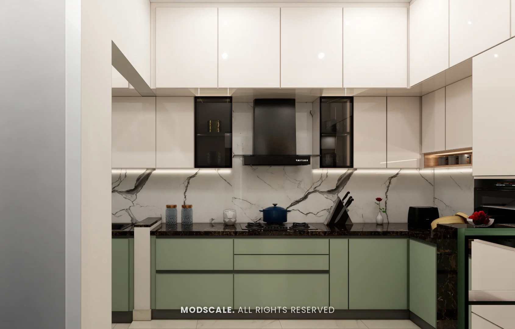 Kitchen hob wall with sage green base units, white wall units and marble-finish backsplash, Mohit’s home interior at Keya Around The Life, Krishnarajapuram, Bengaluru