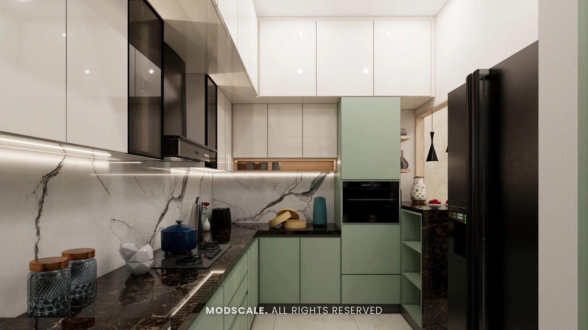 Kitchen with sage green tall oven unit, black marble-finish counter and refrigerator space, Mohit’s home interior at Keya Around The Life, Krishnarajapuram, Bengaluru
