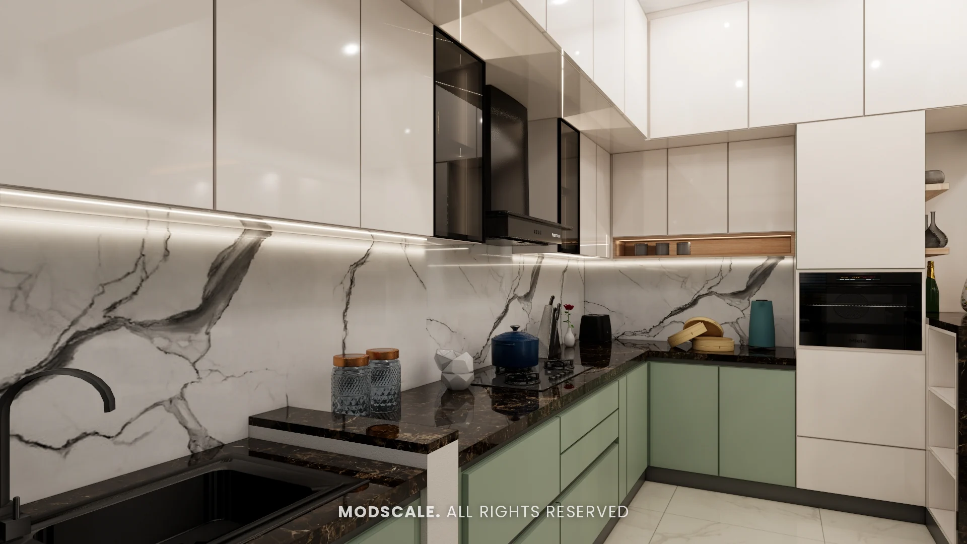 Kitchen sink corner with lit backsplash and tall unit shown in white, Mohit’s home interior at Keya Around The Life, Krishnarajapuram, Bengaluru