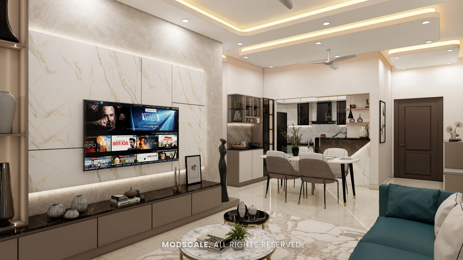 TV wall with the dining area and kitchen beyond, Mohit’s home interior at Keya Around The Life, Krishnarajapuram, Bengaluru