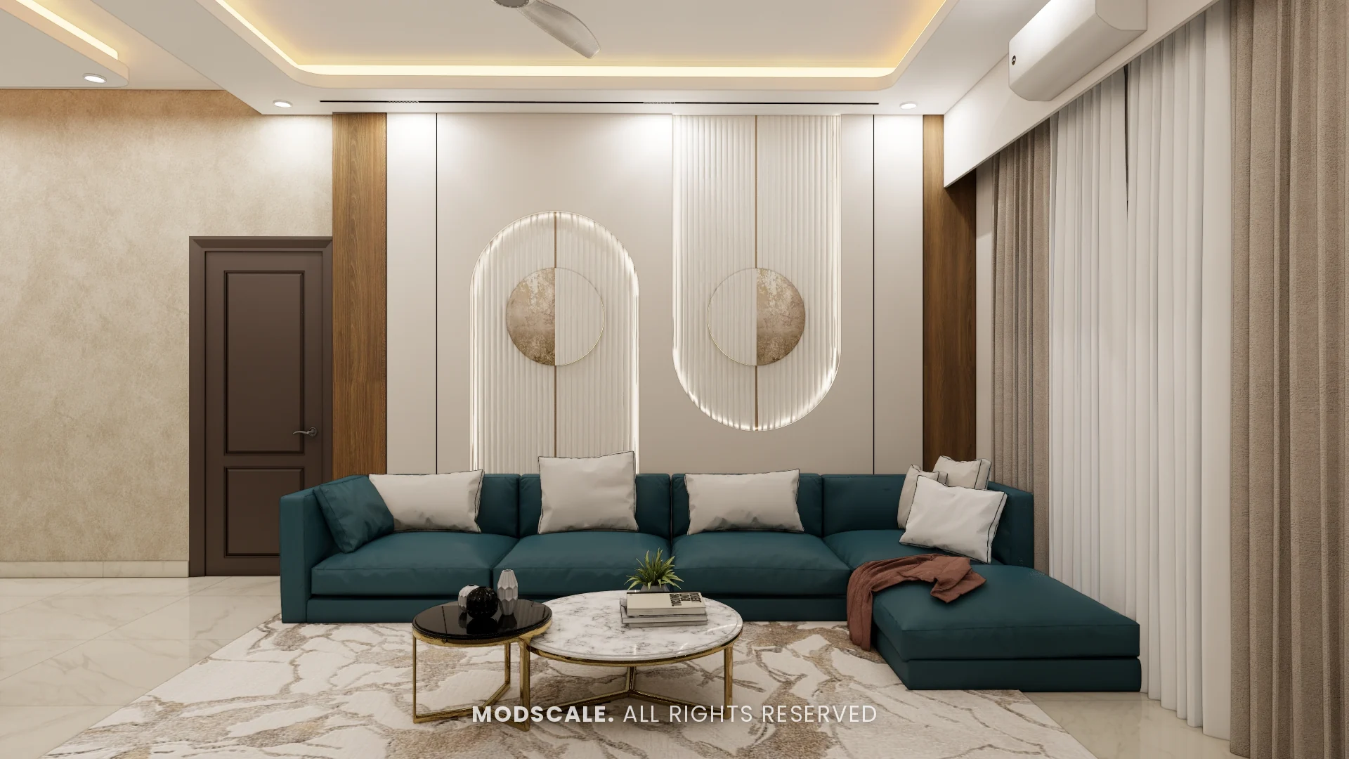 Living room with teal L-shaped sofa against a panelled wall with backlit fluted arches and round stone-finish discs, Mohit’s home interior at Keya Around The Life, Krishnarajapuram, Bengaluru