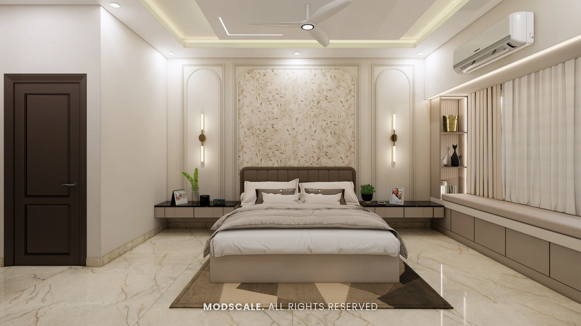 Master bedroom with leaf-pattern wallpaper panel, arched mouldings, wall lights and window seat, Mohit’s home interior at Keya Around The Life, Krishnarajapuram, Bengaluru