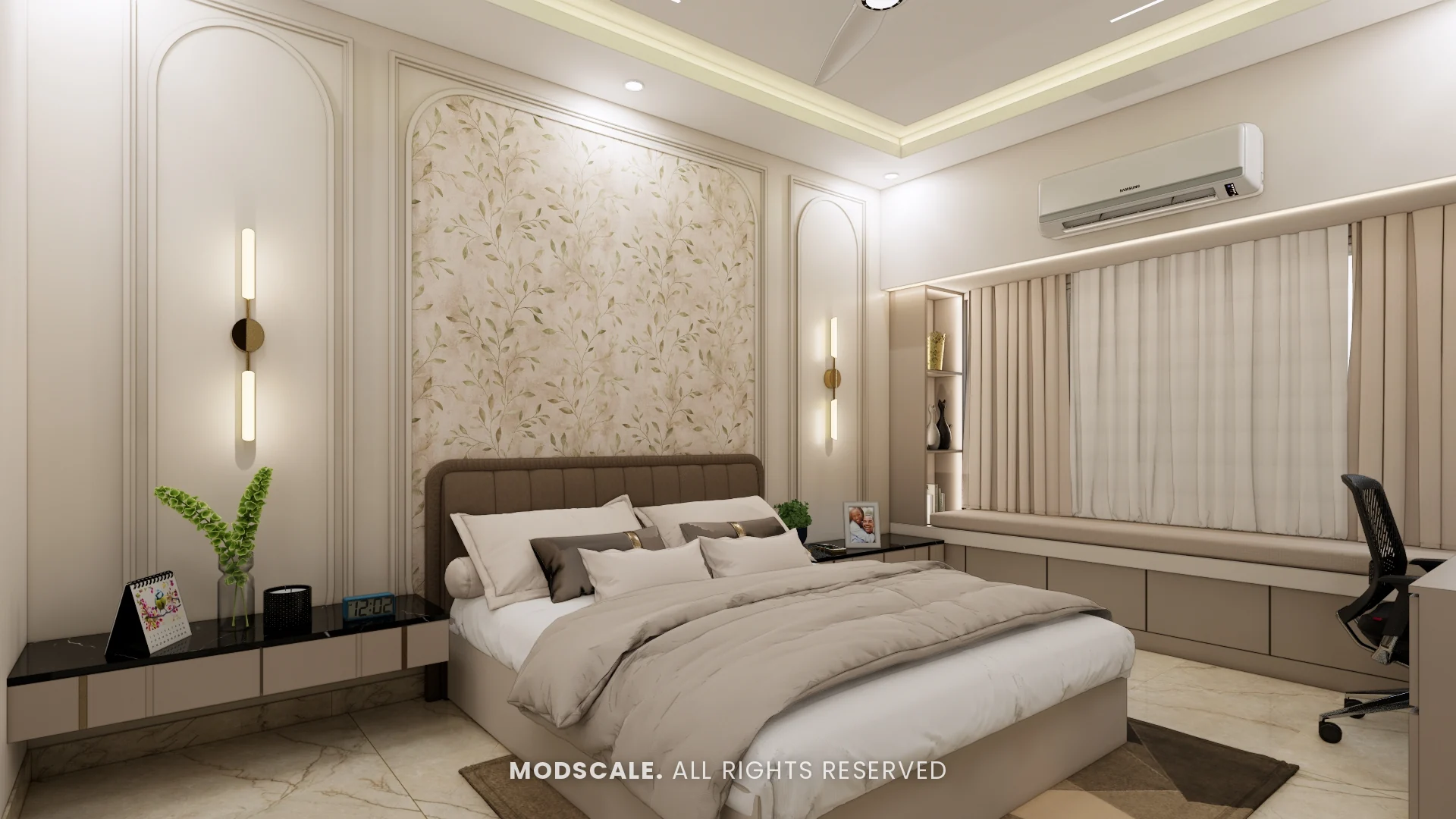 Master bedroom with floating side ledge and window seat with drawers, Mohit’s home interior at Keya Around The Life, Krishnarajapuram, Bengaluru