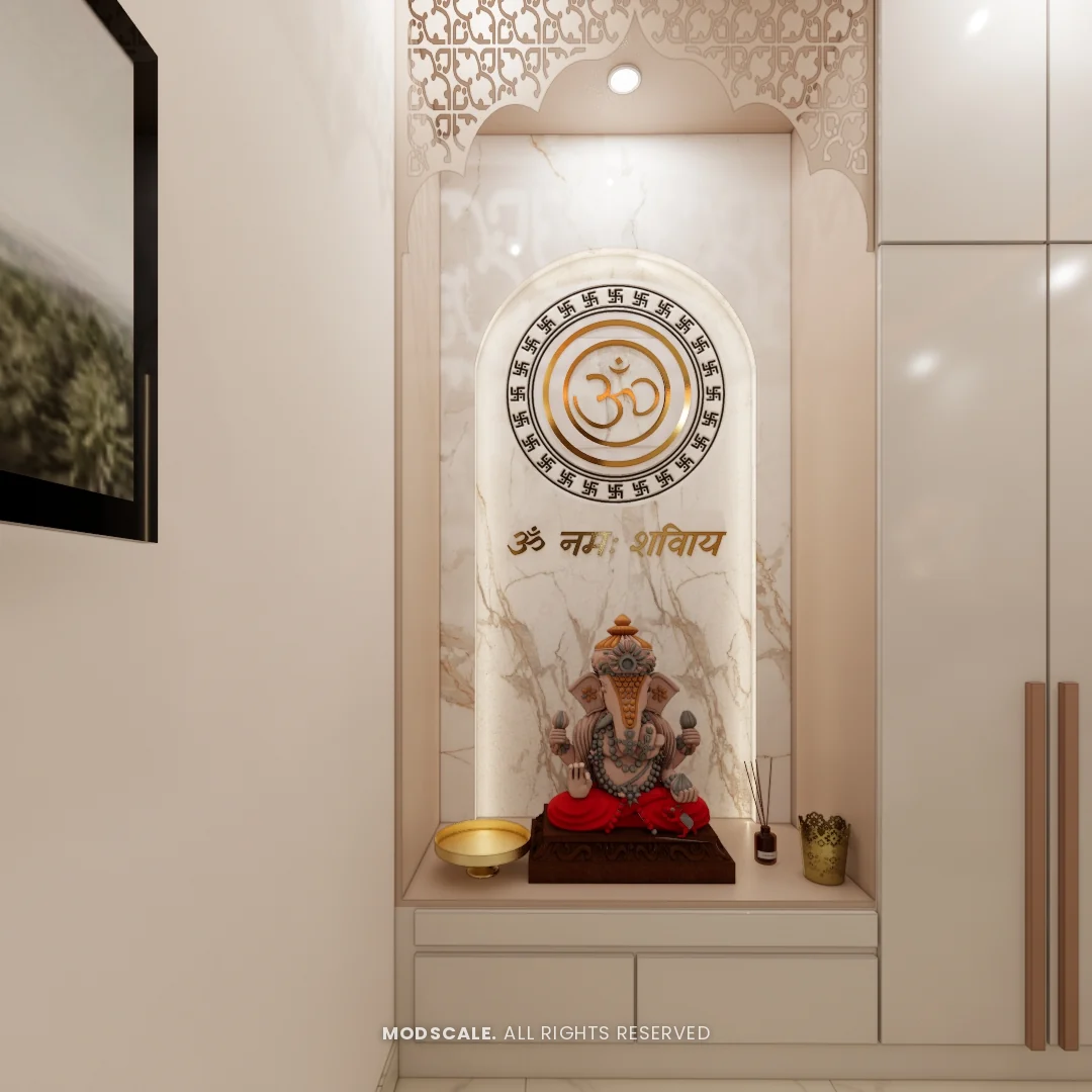 Pooja niche with jaali arch, backlit Om motif and marble-finish back, built into the wardrobe wall, Mohit’s home interior at Keya Around The Life, Krishnarajapuram, Bengaluru