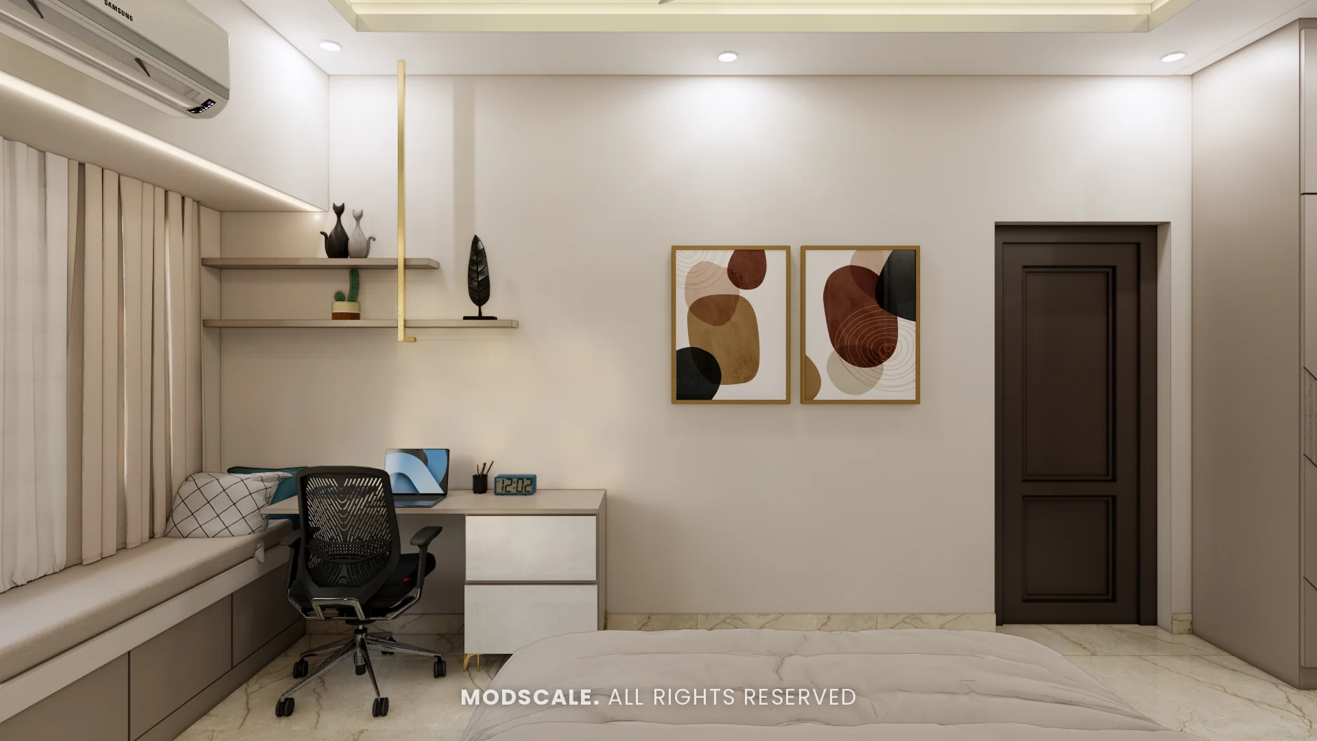 Study desk at the end of the window seat with floating shelves, Mohit’s home interior at Keya Around The Life, Krishnarajapuram, Bengaluru