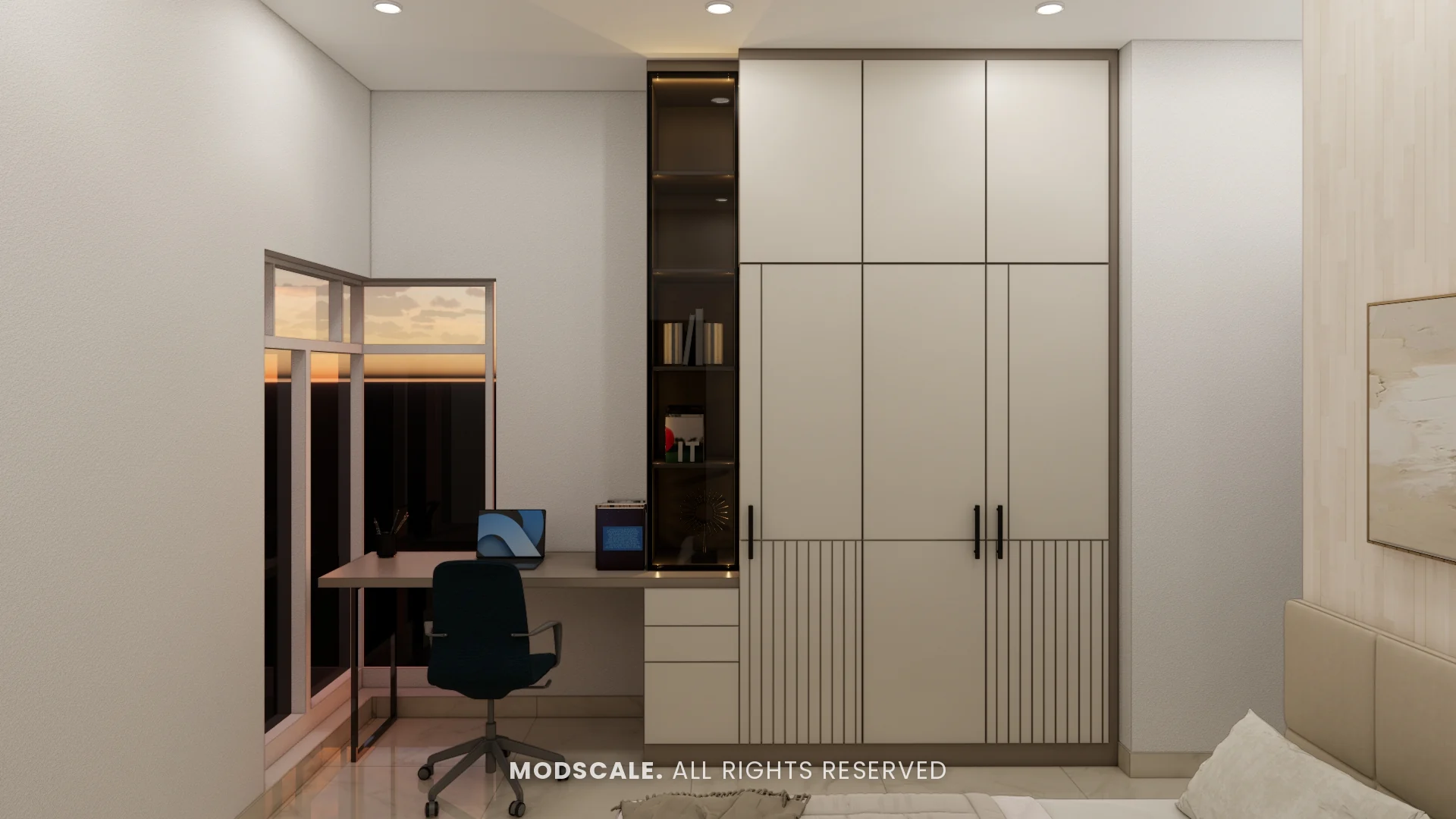 Study desk with glass book tower beside a cream wardrobe with fluted base, Mohit’s home interior at Keya Around The Life, Krishnarajapuram, Bengaluru