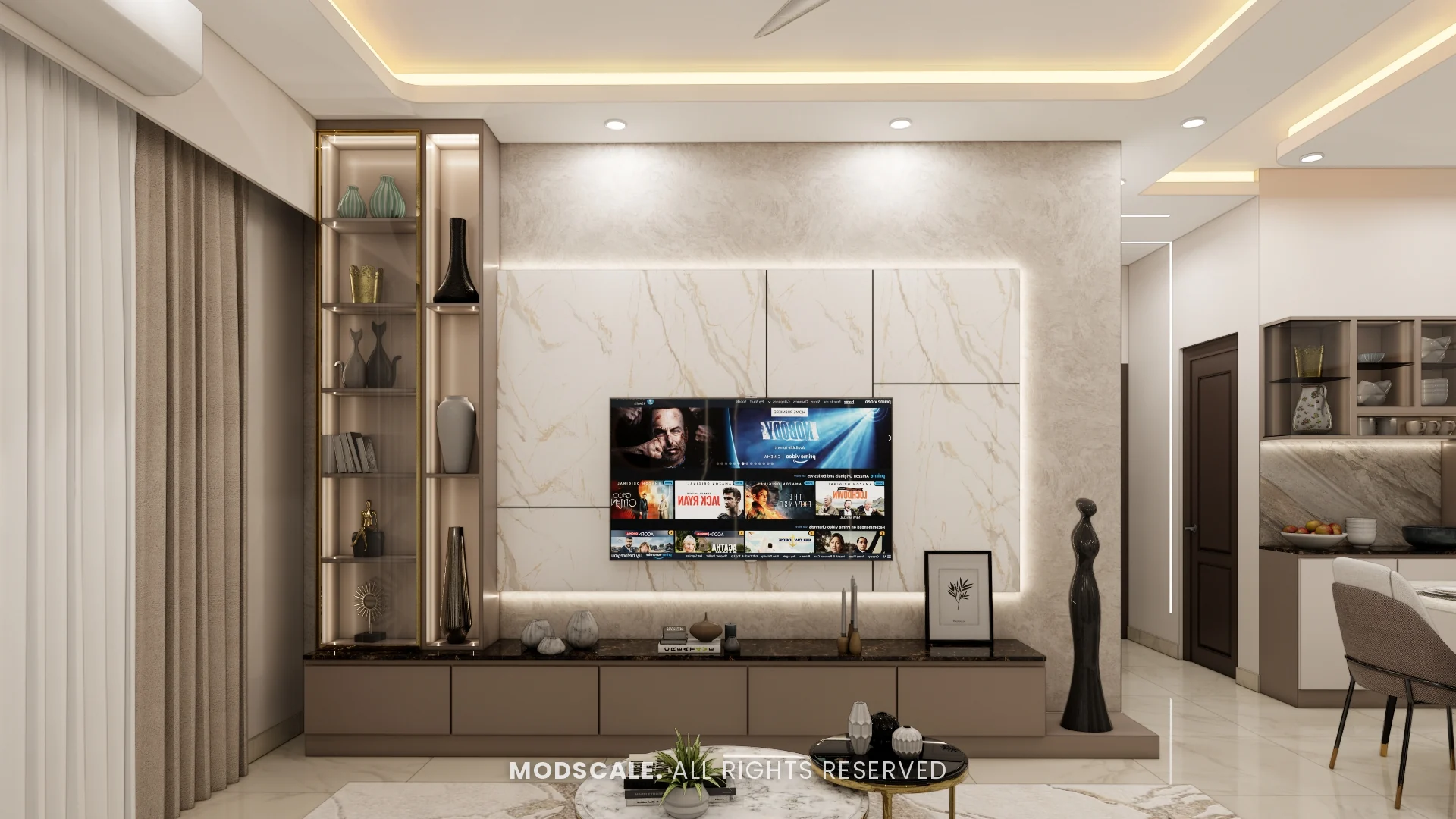 TV wall in backlit marble finish with lit display tower and long low unit, Mohit’s home interior at Keya Around The Life, Krishnarajapuram, Bengaluru