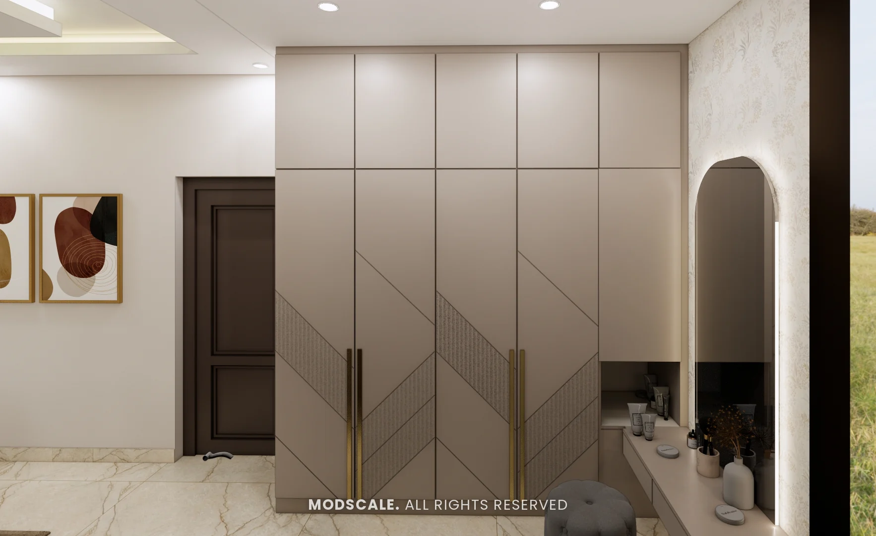 Taupe wardrobe with diagonal textured panels and brass handles, beside an arched dresser, Mohit’s home interior at Keya Around The Life, Krishnarajapuram, Bengaluru