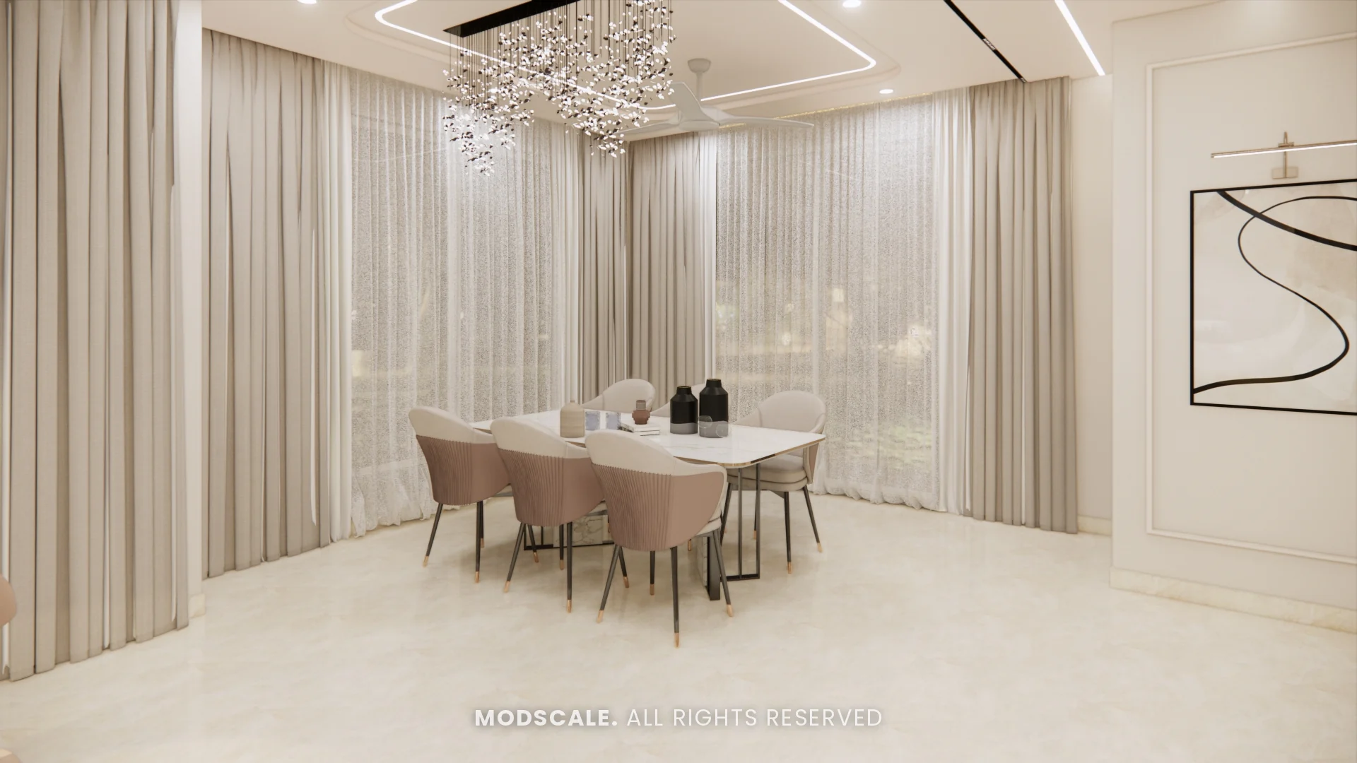 Dining table with blush chairs under a crystal chandelier, Mukesh’s villa interior on Sarjapur Road