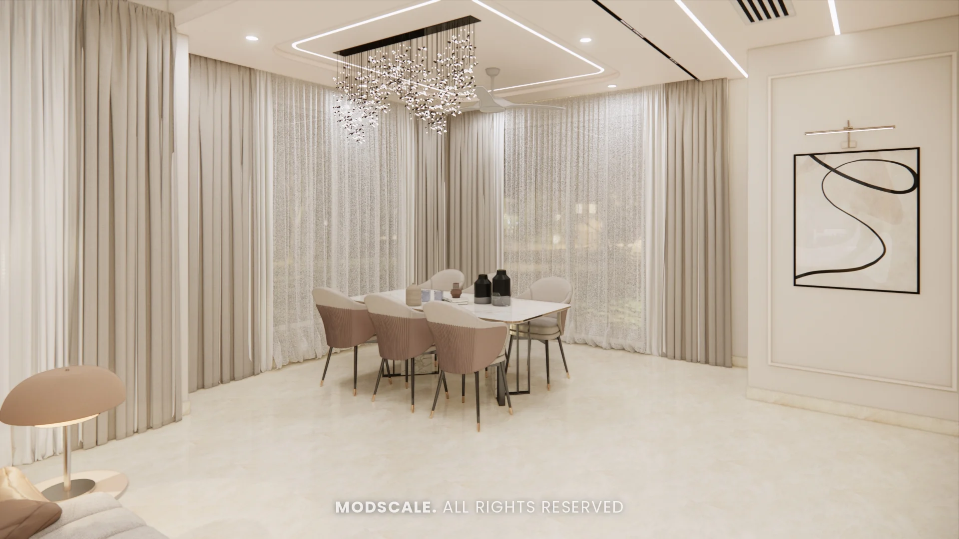 Dining area with full-height curtains and line-art wall frame, Mukesh’s villa interior on Sarjapur Road