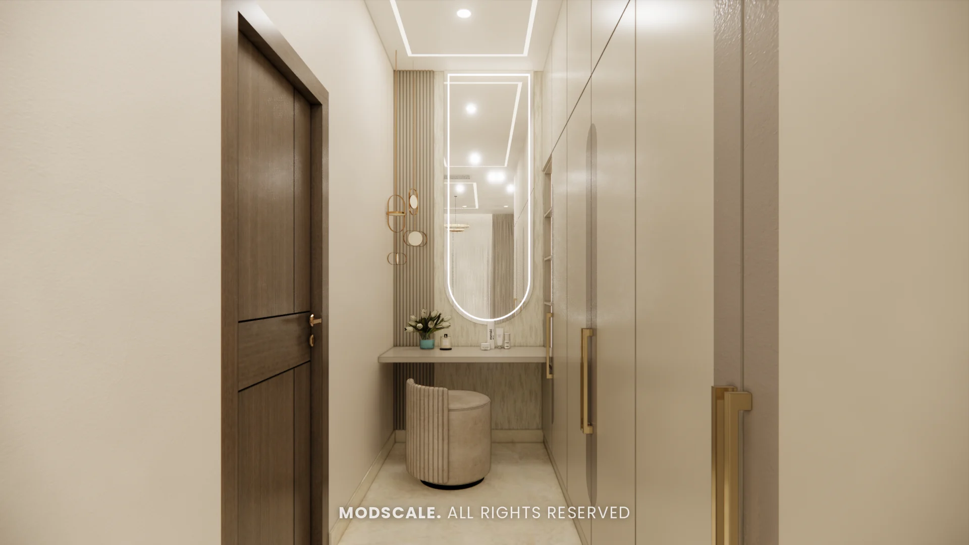Dresser with backlit oval mirror and stool, Mukesh’s villa interior on Sarjapur Road
