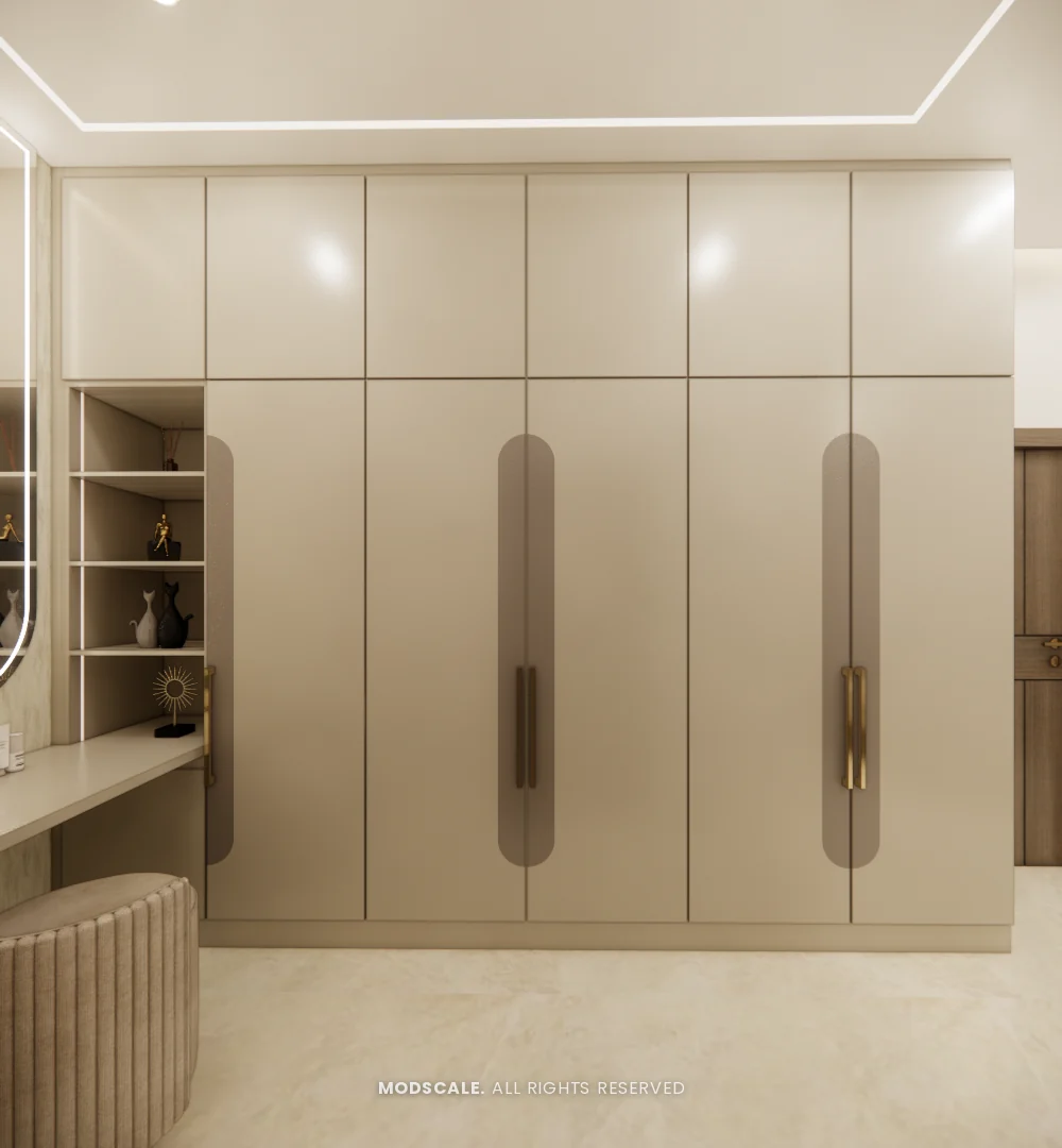 Master wardrobe with vertical handle insets beside the dresser, Mukesh’s villa interior on Sarjapur Road