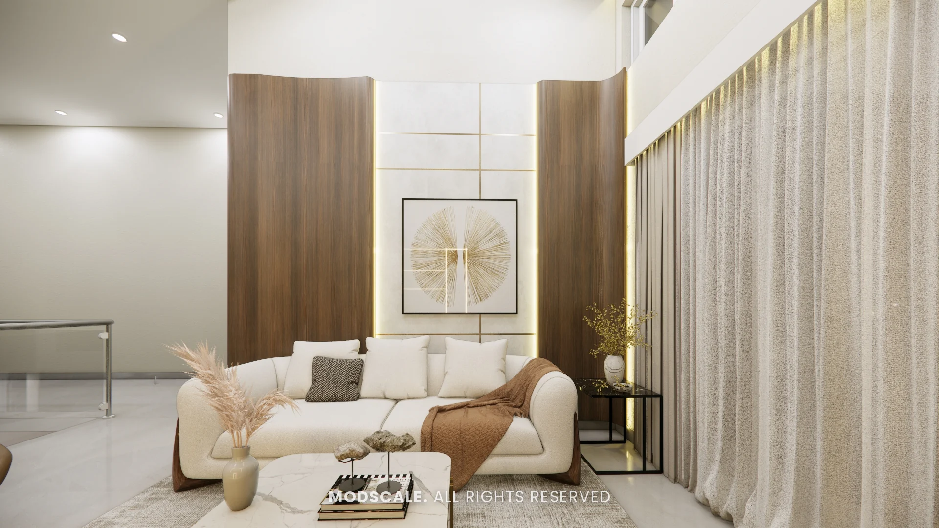 Upper-floor lounge with white sofa, wood-panelled wall and sheer curtains, Mukesh’s villa interior on Sarjapur Road