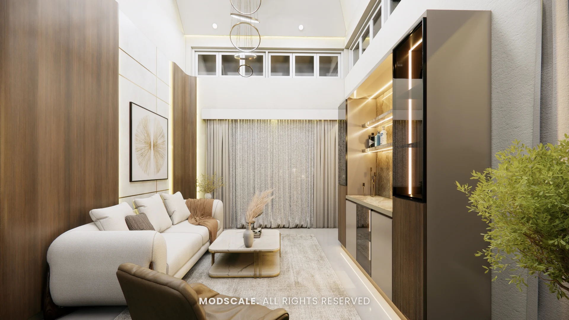Lounge seating with backlit display unit and indoor plant, Mukesh’s villa interior on Sarjapur Road