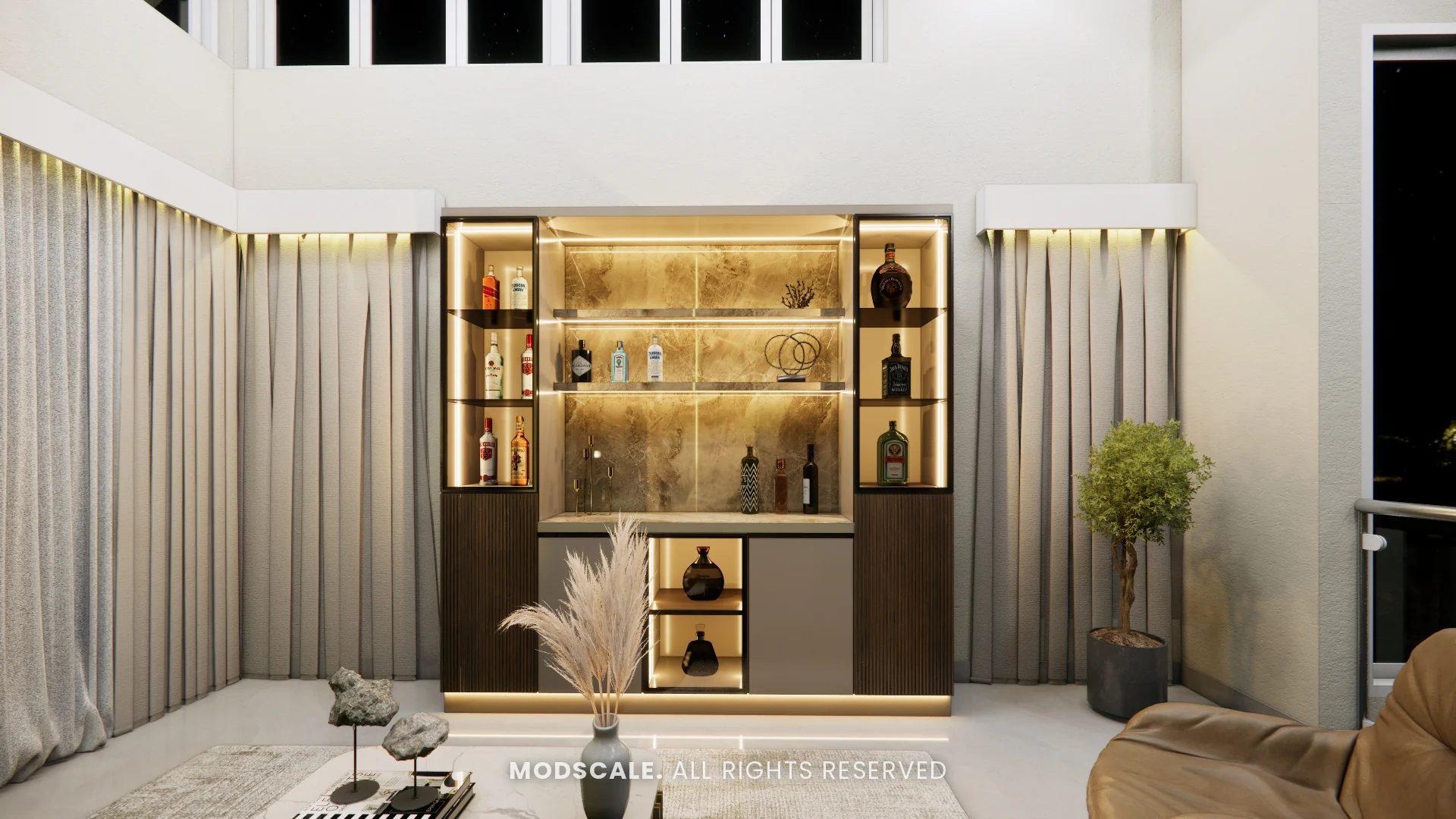 Backlit bar and display unit with glass shelves in the lounge, Mukesh’s villa interior on Sarjapur Road