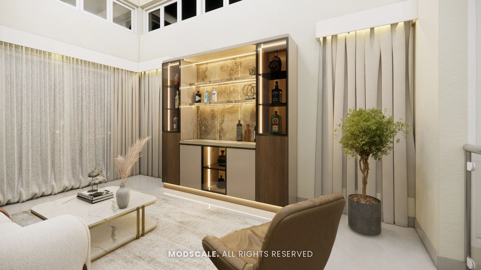 Lounge with display unit, accent chair and double-height curtains, Mukesh’s villa interior on Sarjapur Road