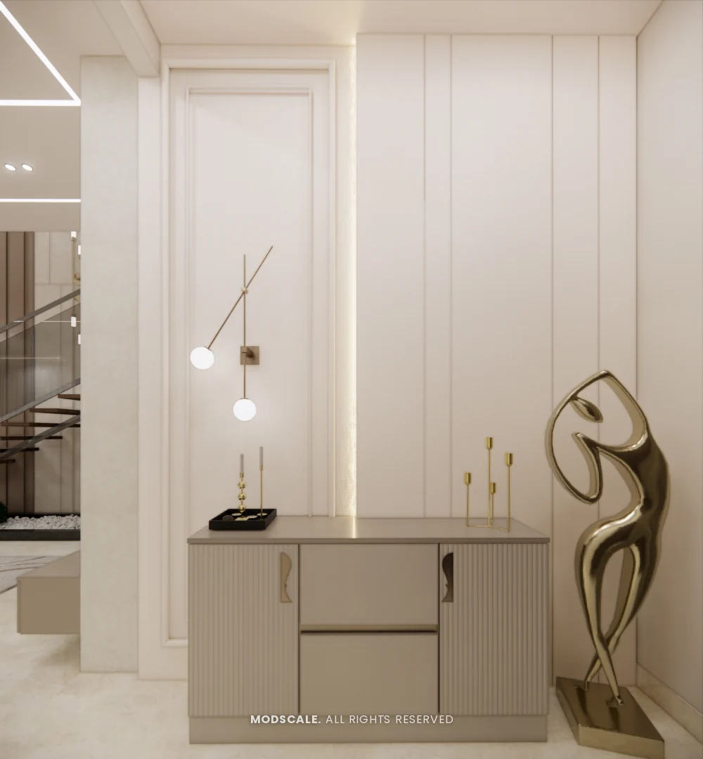 Foyer console with wall sconces and sculptural floor piece, Mukesh’s villa interior on Sarjapur Road