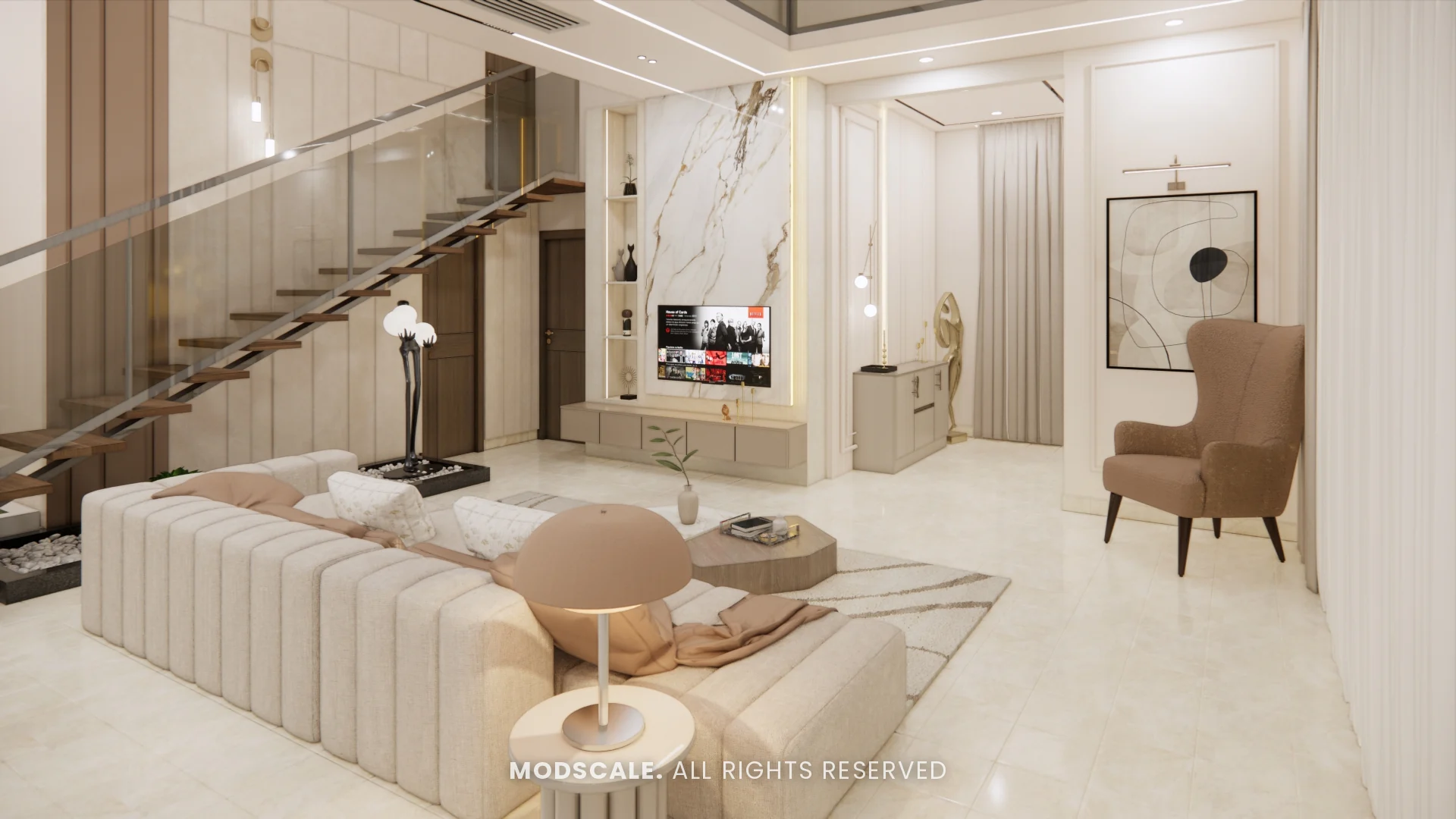 Double-height living room with cream sofa, marble TV wall and glass-railed staircase, Mukesh’s villa interior on Sarjapur Road