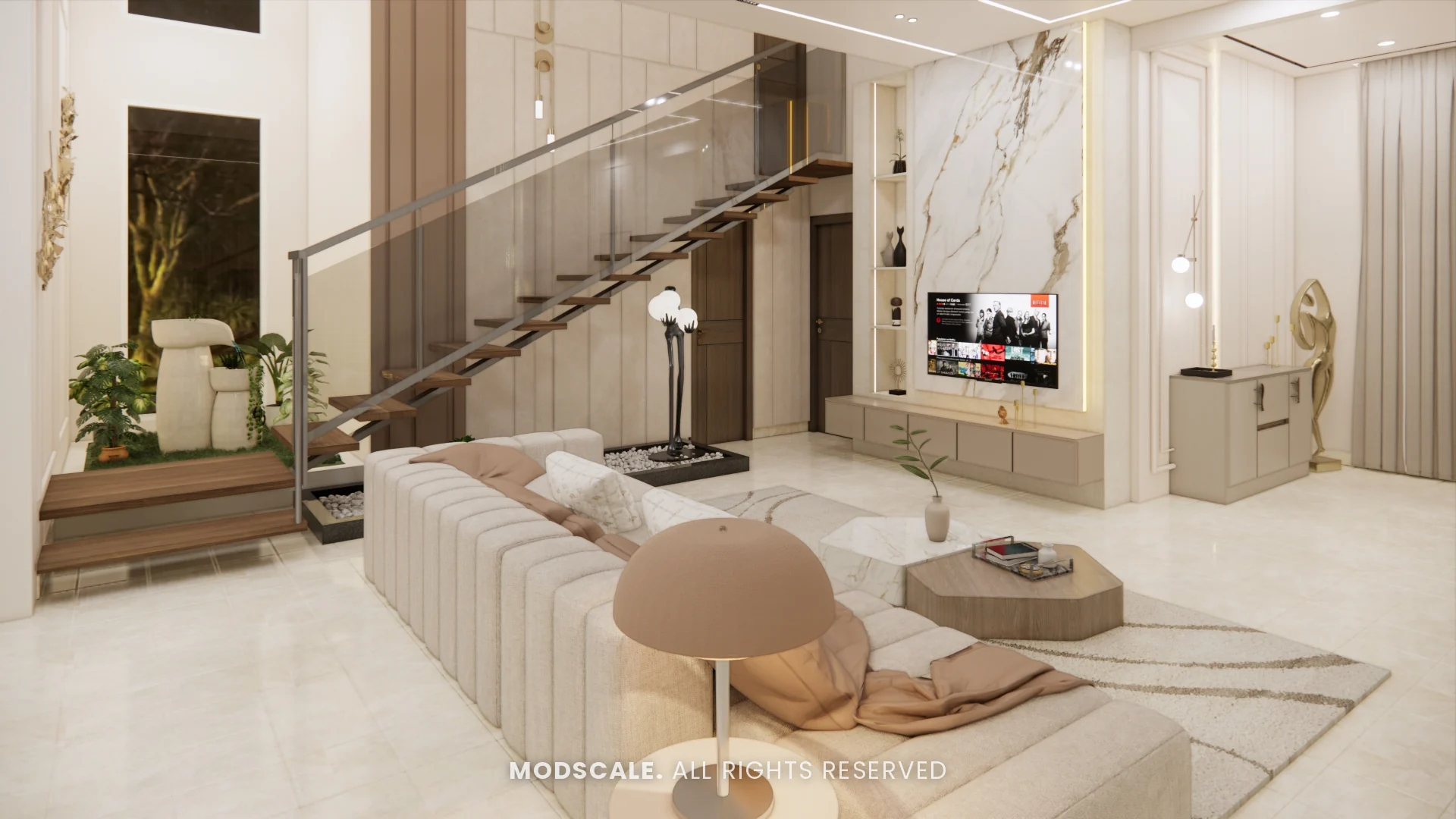 Living room seating with round ottomans facing the marble TV wall, Mukesh’s villa interior on Sarjapur Road