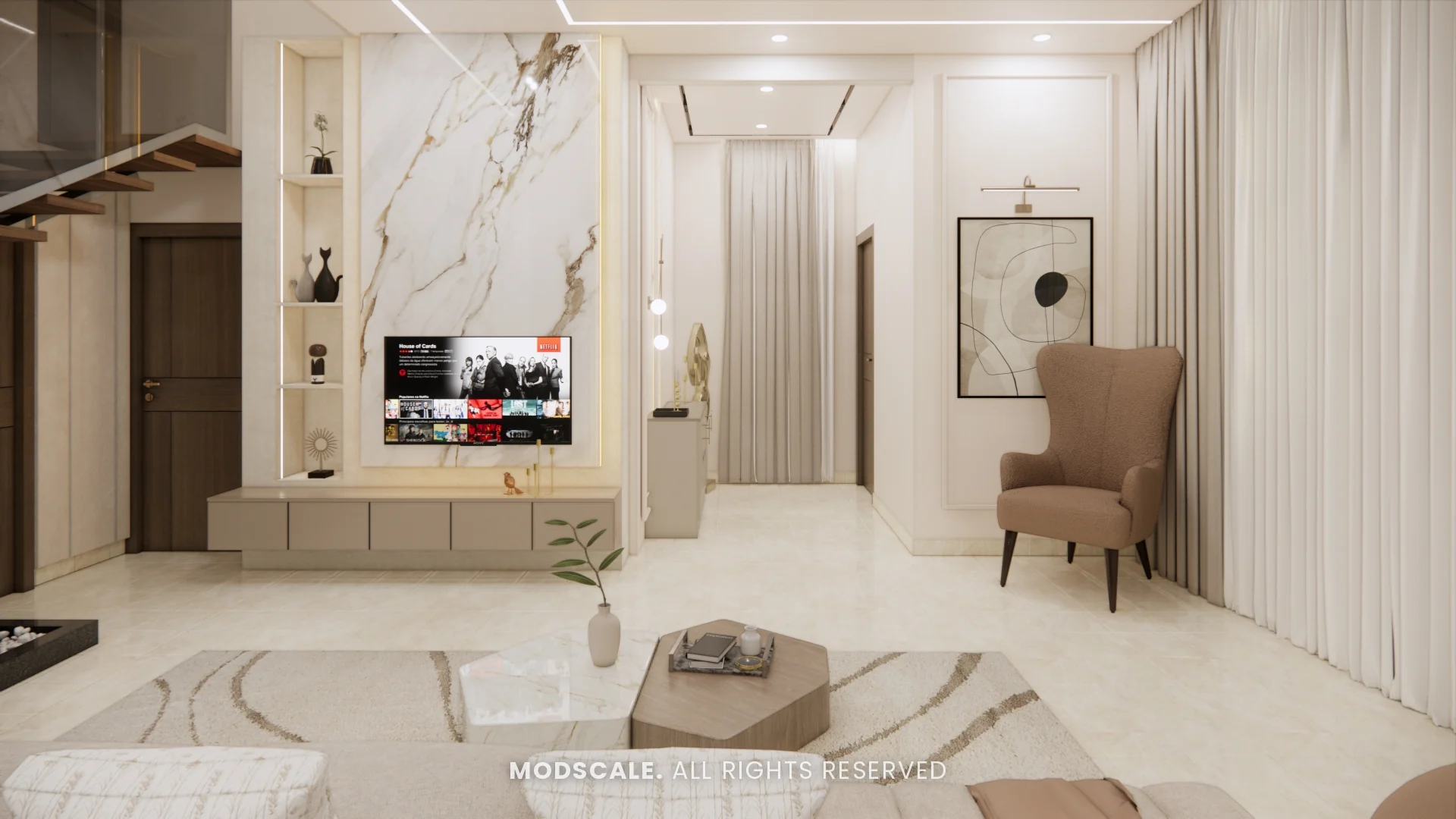 Living room with accent armchair and full-height sheer curtains, Mukesh’s villa interior on Sarjapur Road