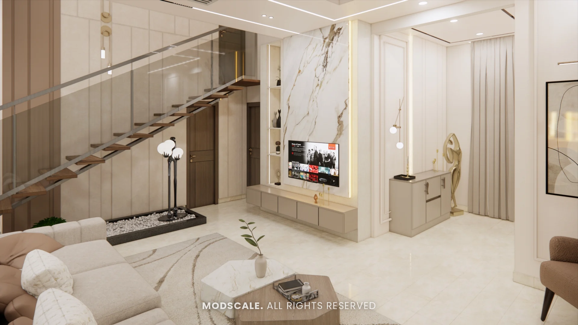 Marble feature wall with TV rising beside the staircase, Mukesh’s villa interior on Sarjapur Road