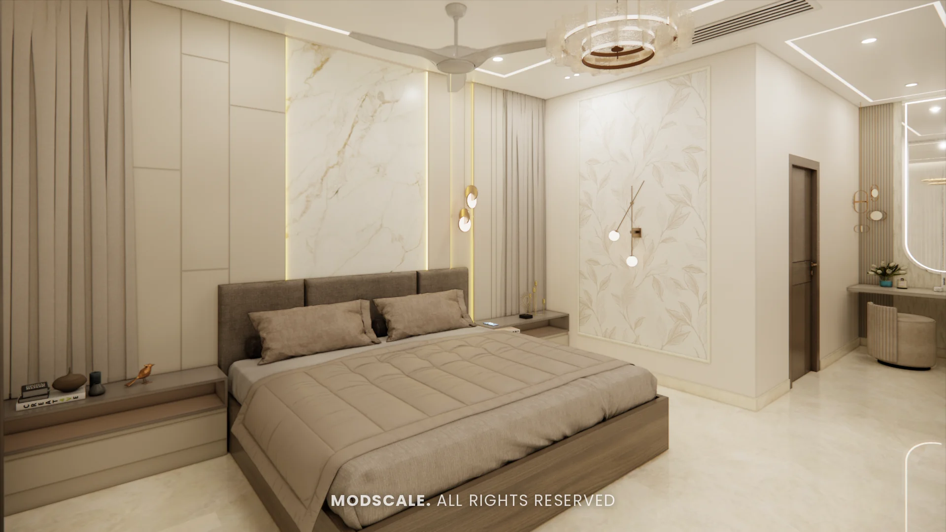 Master bedroom with upholstered bed and marble-finish headboard wall, Mukesh’s villa interior on Sarjapur Road