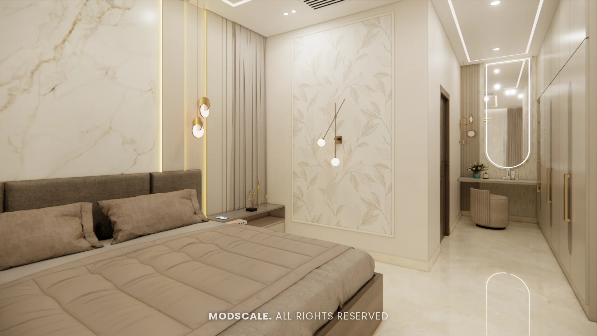 Master bedroom with pendant bedside light and dresser niche, Mukesh’s villa interior on Sarjapur Road