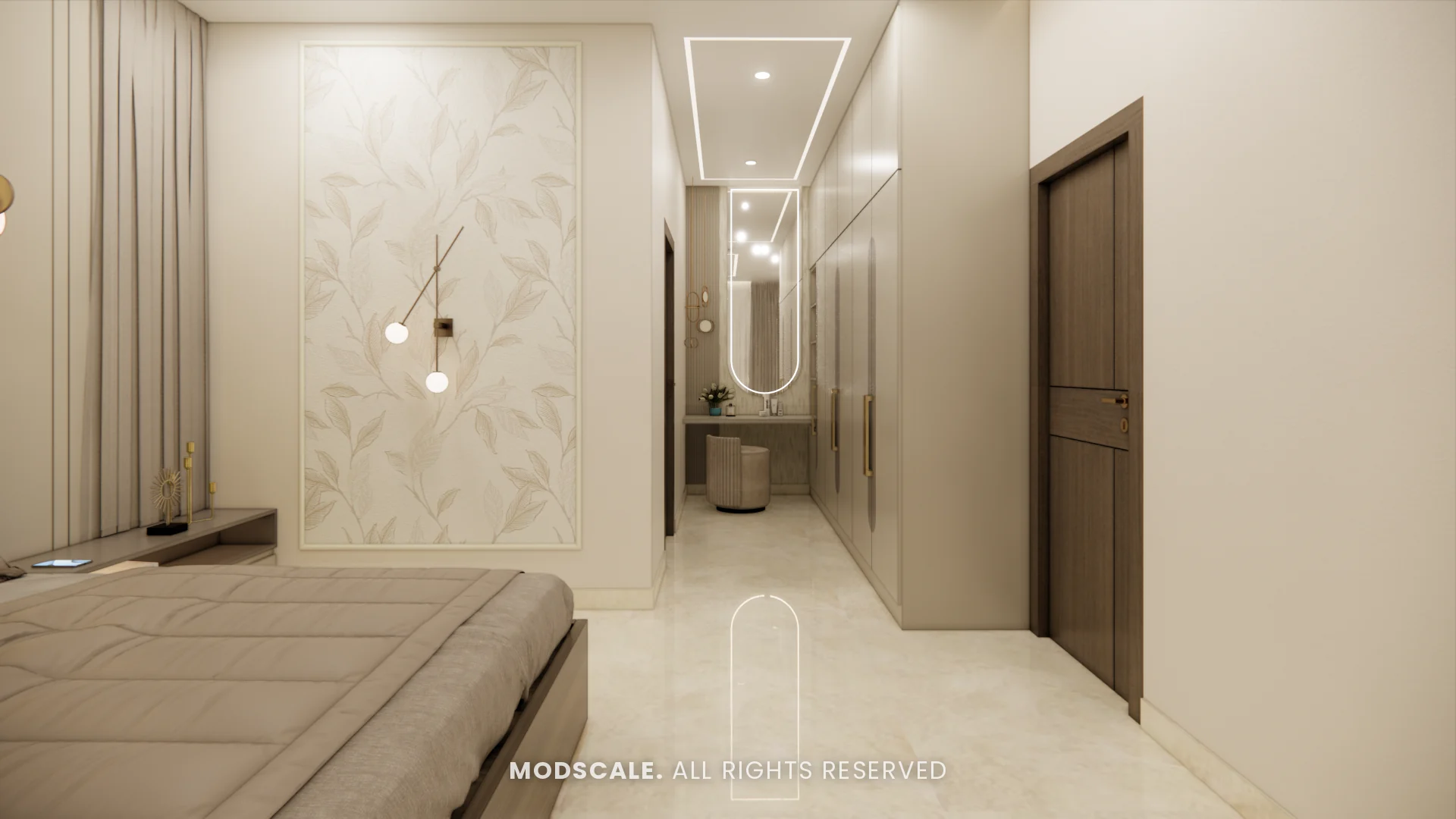 Master bedroom view towards the dresser and door, Mukesh’s villa interior on Sarjapur Road