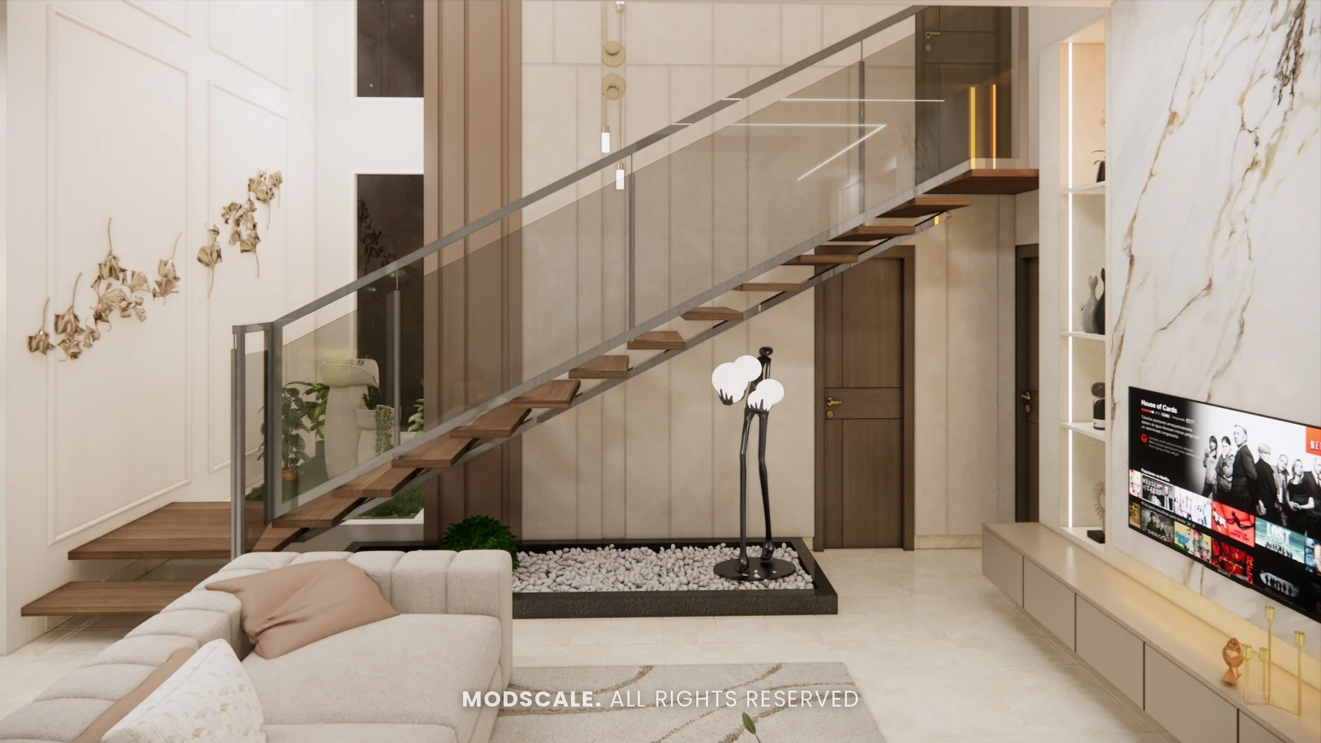 Floating wooden staircase with glass railing and metal leaf wall art, Mukesh’s villa interior on Sarjapur Road