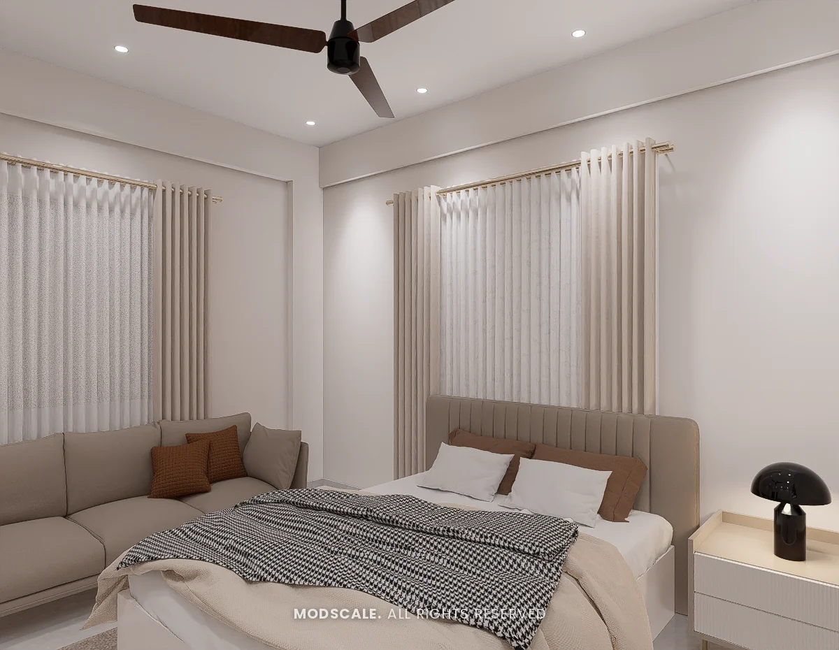 Ground-floor bedroom with fluted beige headboard, sofa and layered curtains, Praveen’s villa interior at Springville, Harlur, Bengaluru