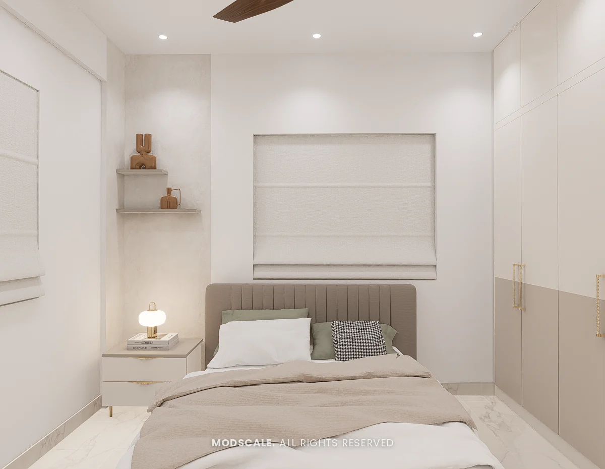 Bedroom with fluted taupe headboard, roman blinds and corner shelves, Praveen’s villa interior at Springville, Harlur, Bengaluru