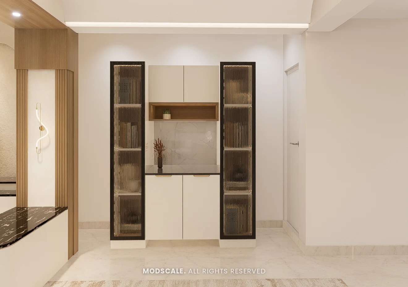 Crockery unit with black-framed fluted glass towers and open wooden niche, Praveen’s villa interior at Springville, Harlur, Bengaluru