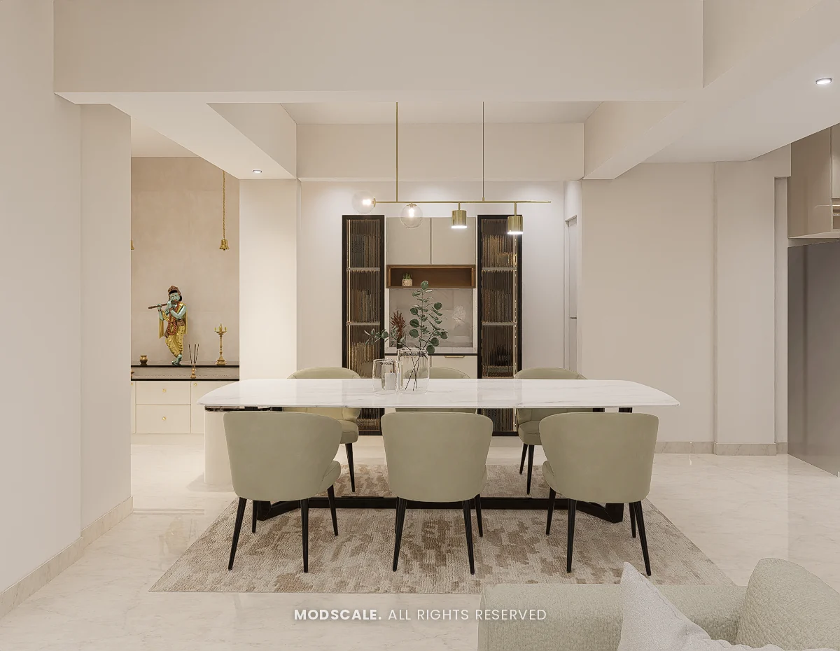 Dining area with white marble table, sage green chairs and linear pendant lights, Praveen’s villa interior at Springville, Harlur, Bengaluru
