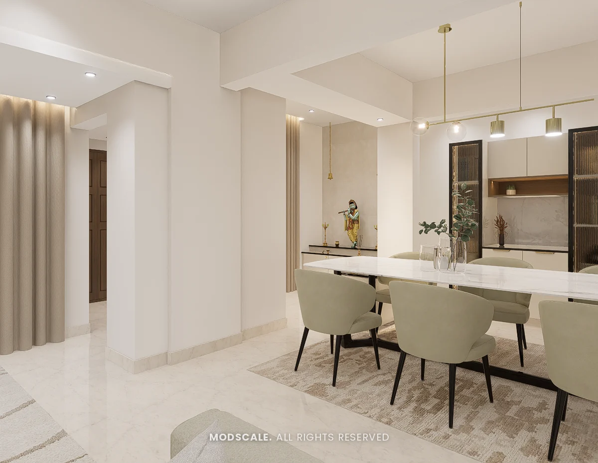 Dining table with pooja unit and crockery unit behind, Praveen’s villa interior at Springville, Harlur, Bengaluru
