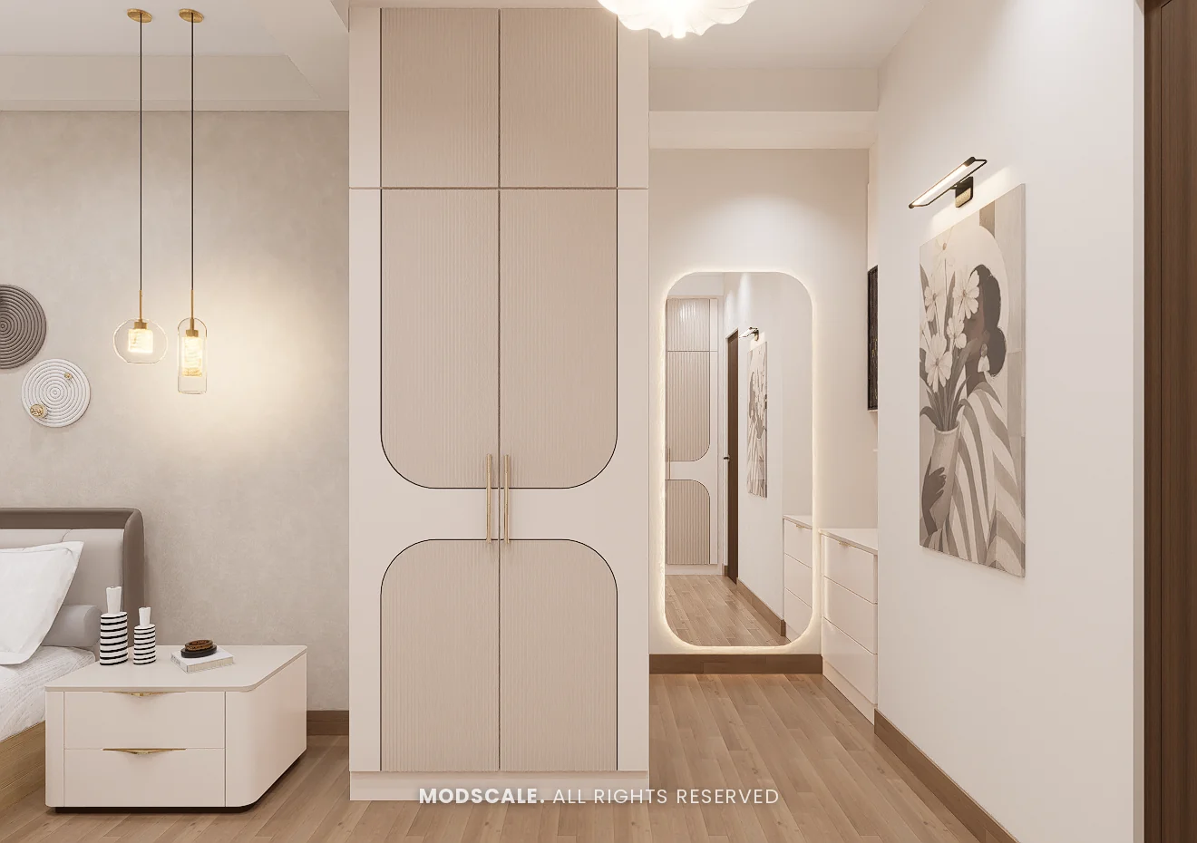 Wardrobe tower beside a backlit pill-shaped mirror and dresser, Praveen’s villa interior at Springville, Harlur, Bengaluru
