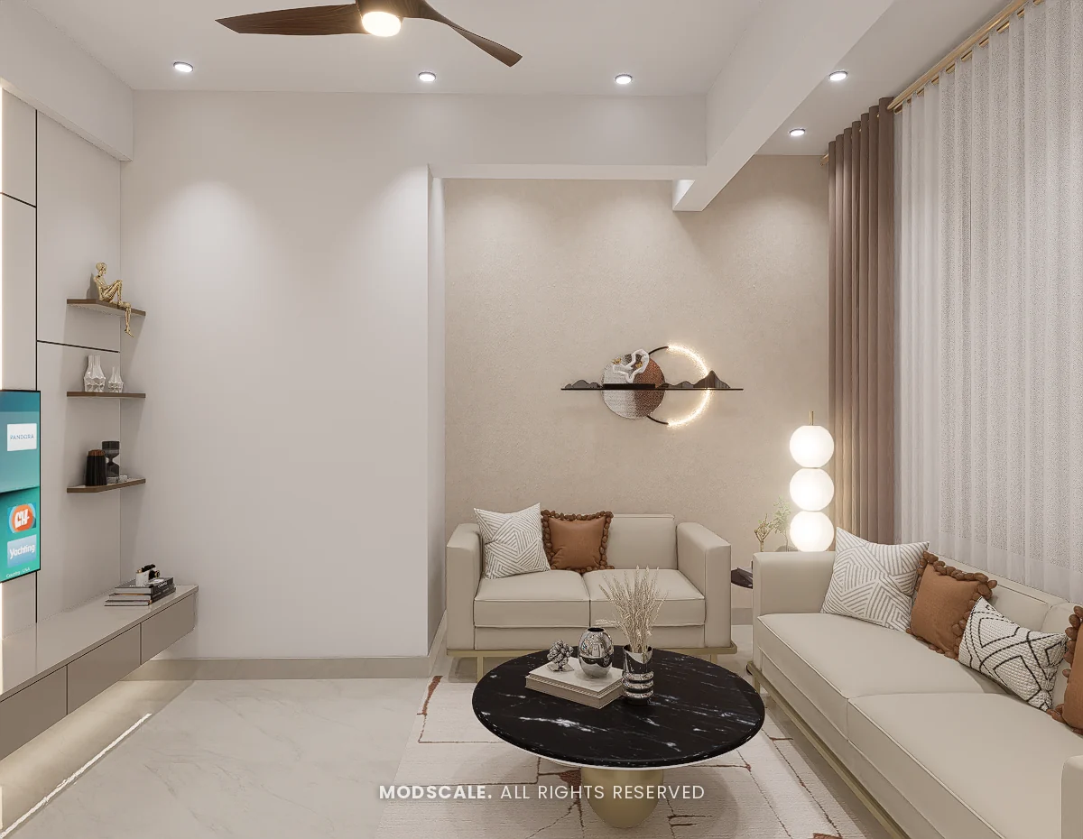 Family area with cream sofas, black marble coffee table and ring wall light, Praveen’s villa interior at Springville, Harlur, Bengaluru