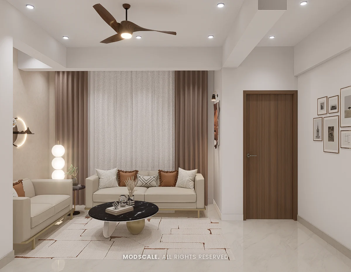 Family area seating in front of layered brown and sheer curtains, Praveen’s villa interior at Springville, Harlur, Bengaluru