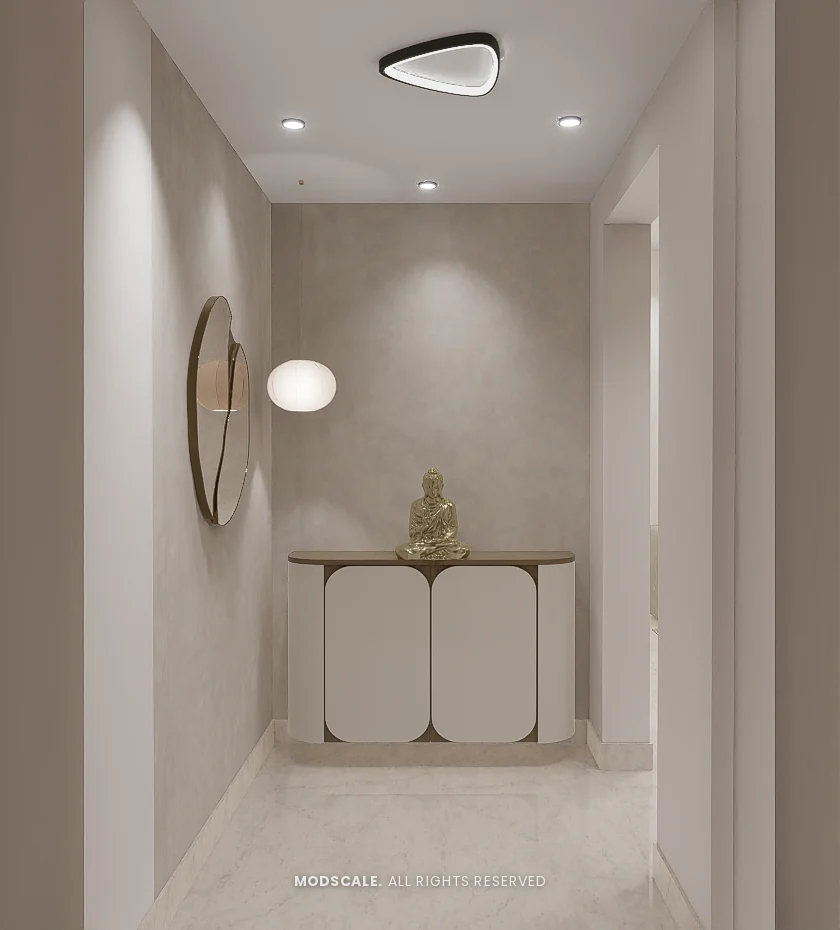 Foyer with curved console, round mirror and globe wall light, Praveen’s villa interior at Springville, Harlur, Bengaluru