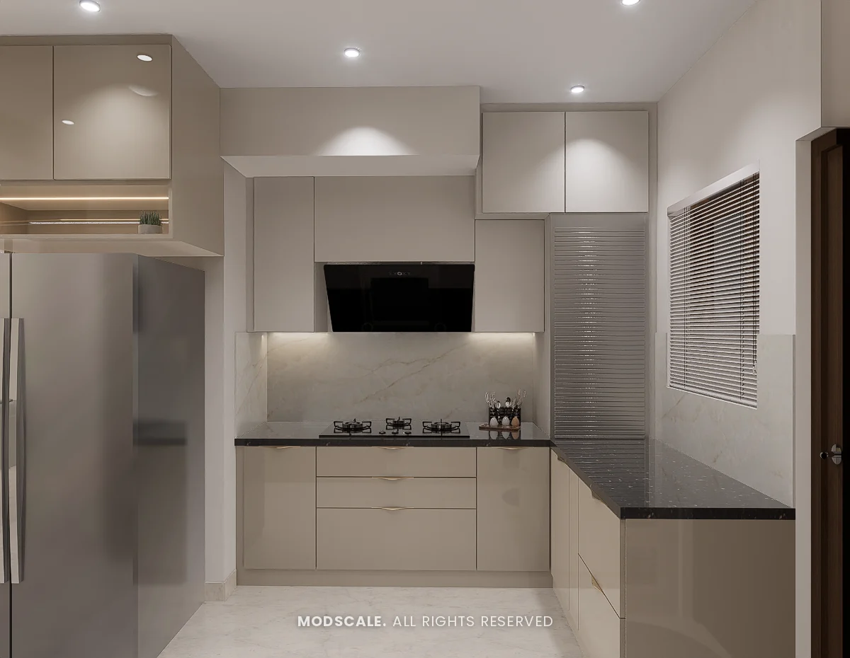L-shaped kitchen in glossy beige with black granite counter and marble-look backsplash, Praveen’s villa interior at Springville, Harlur, Bengaluru