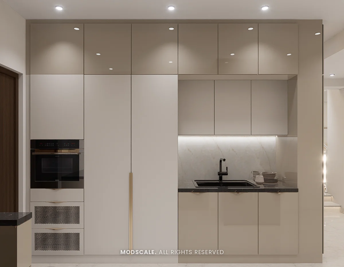 Tall kitchen wall with built-in oven, pantry shutters and sink counter, Praveen’s villa interior at Springville, Harlur, Bengaluru