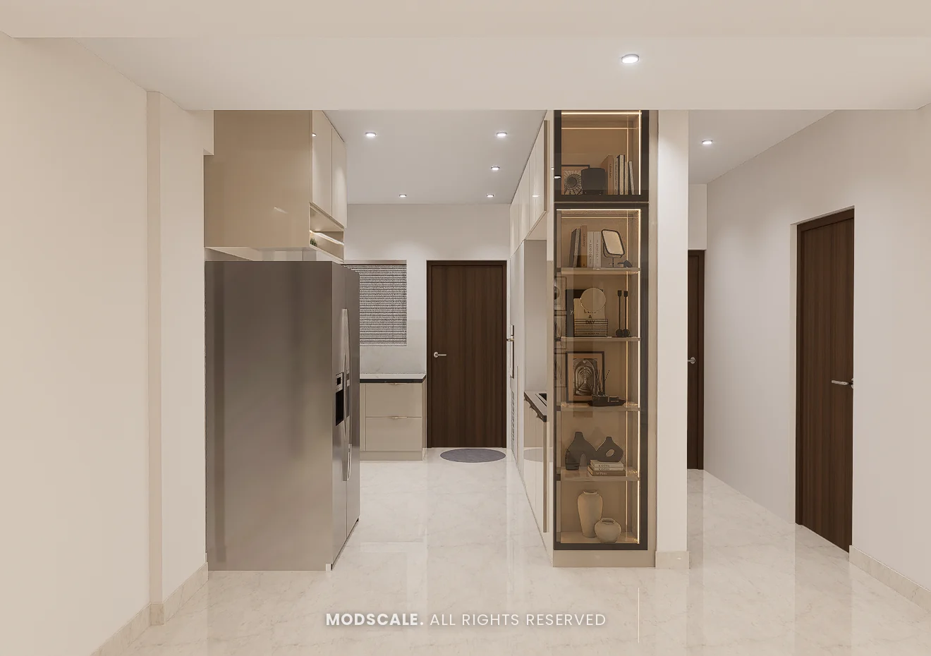 Kitchen entrance with refrigerator niche and lit glass display tower, Praveen’s villa interior at Springville, Harlur, Bengaluru