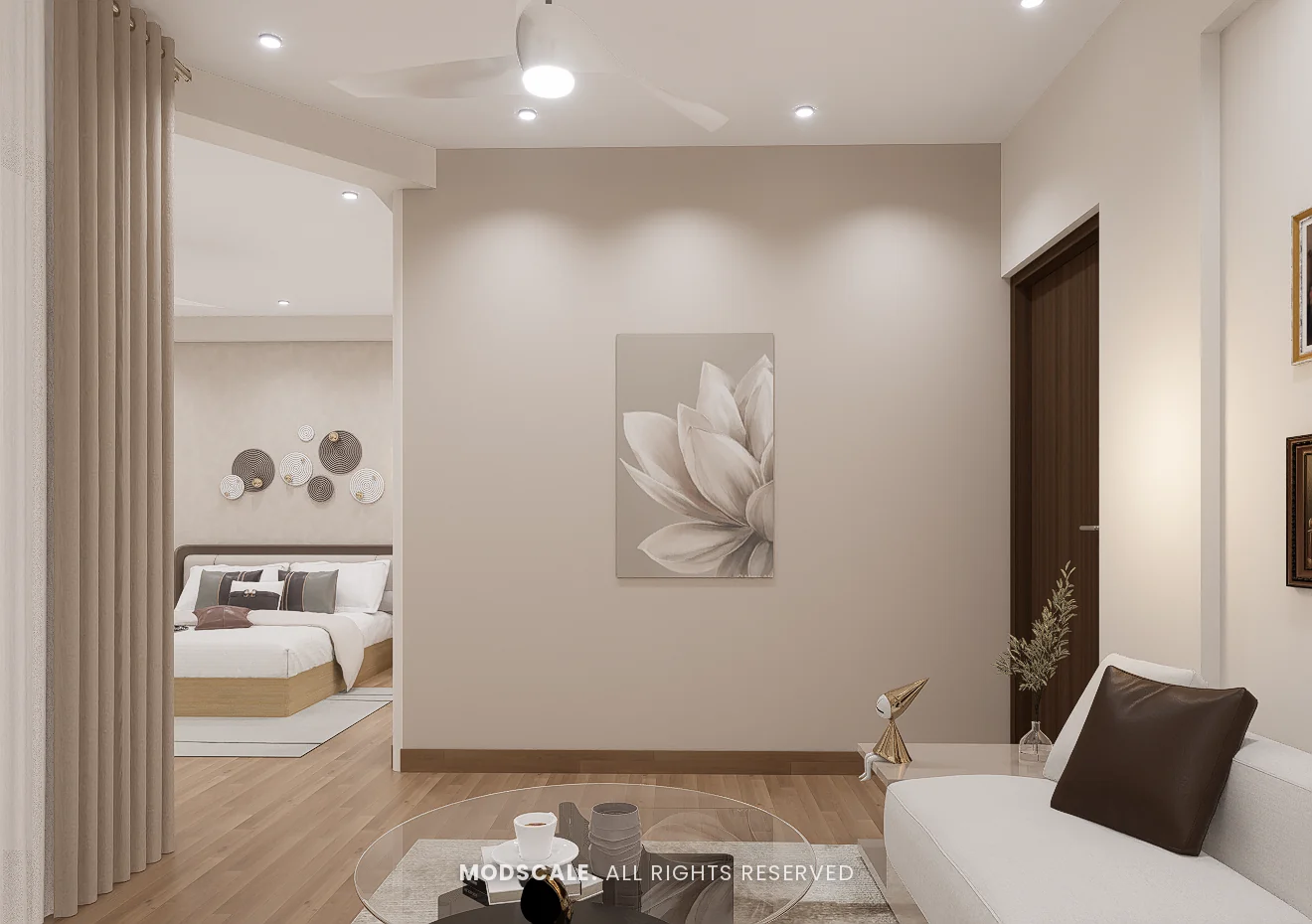 Lounge seating in the master suite with the bedroom visible beyond the curtain, Praveen’s villa interior at Springville, Harlur, Bengaluru
