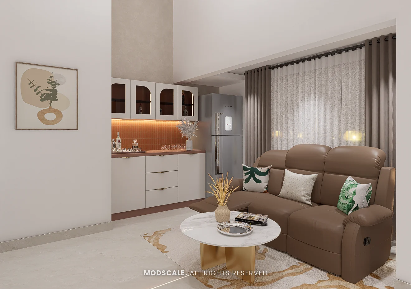 Second-floor lounge with brown recliner sofa, round marble table and bar counter, Praveen’s villa interior at Springville, Harlur, Bengaluru