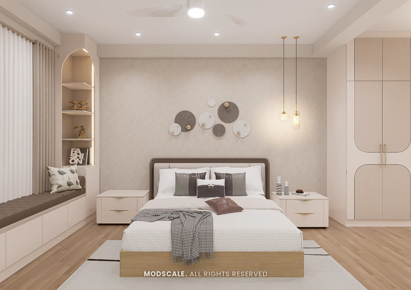 Master bedroom with window seat, arched display niche, wall plates and pendant lights, Praveen’s villa interior at Springville, Harlur, Bengaluru