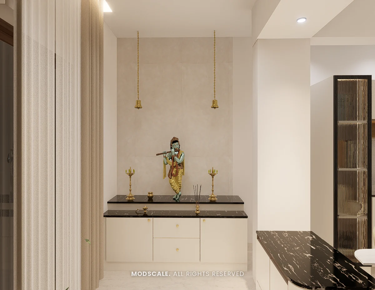 Pooja unit with black marble top, hanging brass bells and white drawers, Praveen’s villa interior at Springville, Harlur, Bengaluru