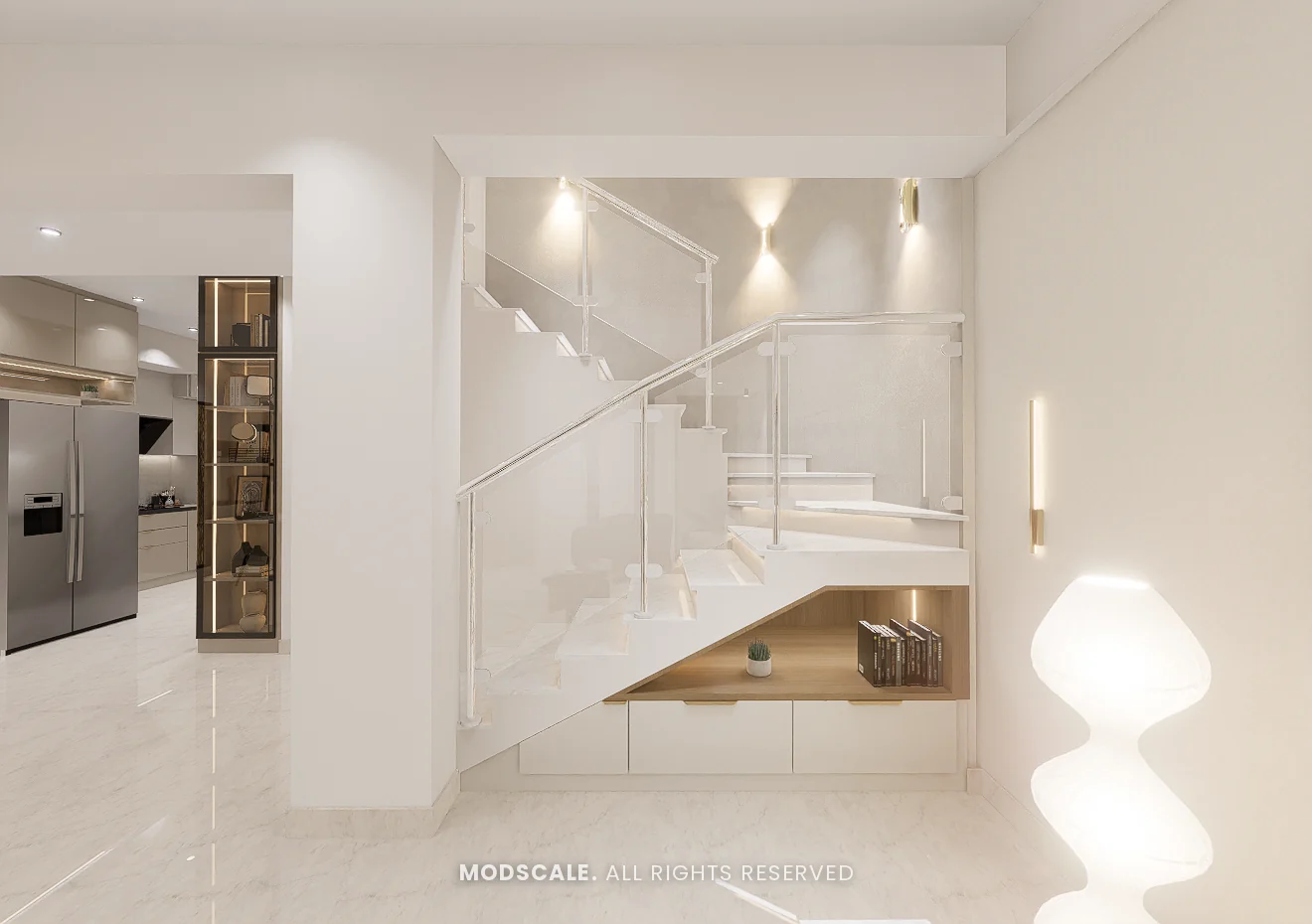 Staircase with glass railing and built-in drawers and book niche underneath, Praveen’s villa interior at Springville, Harlur, Bengaluru